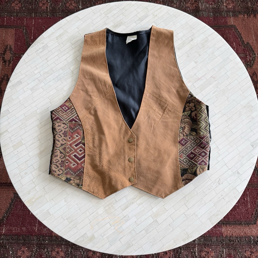 Vintage Genuine Leather Suede Tapestry Vest Womens M/L 90s Western Festival - Picture 1 of 11